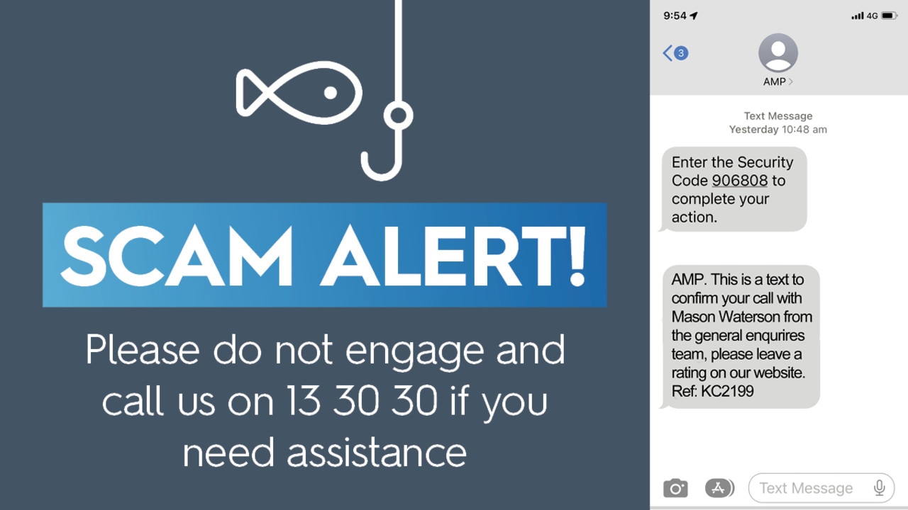 AMP have warned people to be on the alert for scam texts pretending to be from them. Picture: Supplied