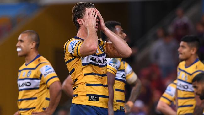 Shaun Lane and the Eels react during Parramatta’s thrashing against the Storm. Picture: AAP