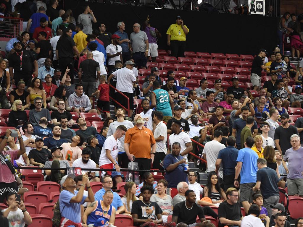 Some fans head for the exits after an earthquake shook the Thomas &amp; Mack Center during a game between the New Orleans Pelicans and the New York Knicks during the 2019 NBA Summer League. Picture: Getty