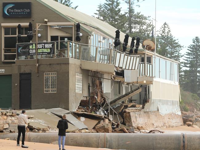 Smashed-up Collaroy Beach club, with a very precarious balcony, today after last night’s storm. Picture: John Grainger