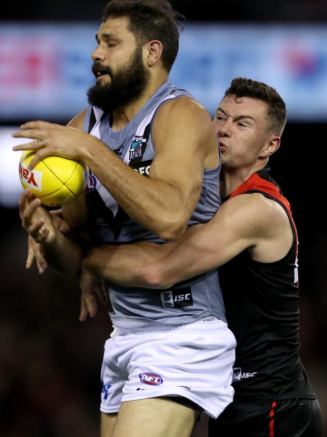 Port’s Paddy Ryder tries to escape Conor McKenna’s clutches on Saturday. Picture: AAP IMAGE/MARK DADSWELL