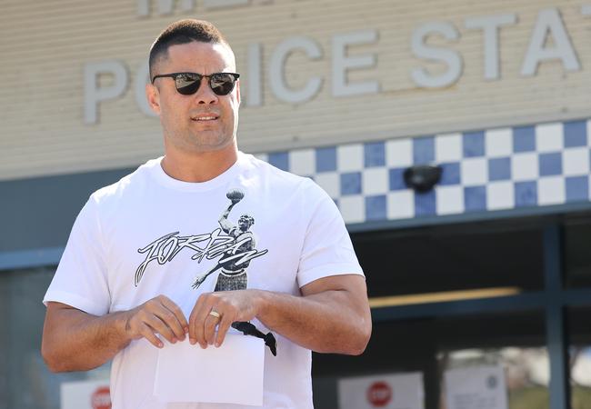 Jarryd Hayne reports to Merrylands police station. He is facing a third trial for alleged sexual assault. Picture: NCA NewsWire / Dylan Coker