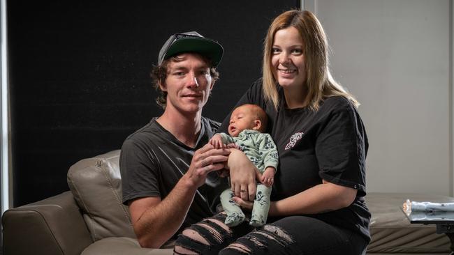 David Ross and Courtney Bottrell with their newborn Harrison, who was born six weeks premature on Christmas Day. Picture: Brad Fleet