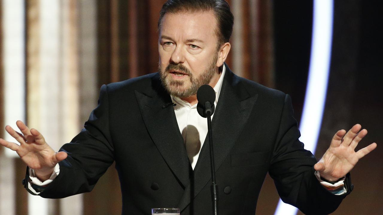 BEVERLY HILLS, CALIFORNIA - JANUARY 04: In this handout photo provided by NBCUniversal Media, LLC,  host Ricky Gervais speaks onstage during the 76th Annual Golden Globe Awards at The Beverly Hilton Hotel on January 5, 2020 in Beverly Hills, California. (Photo by Paul Drinkwater/NBCUniversal Media, LLC via Getty Images)