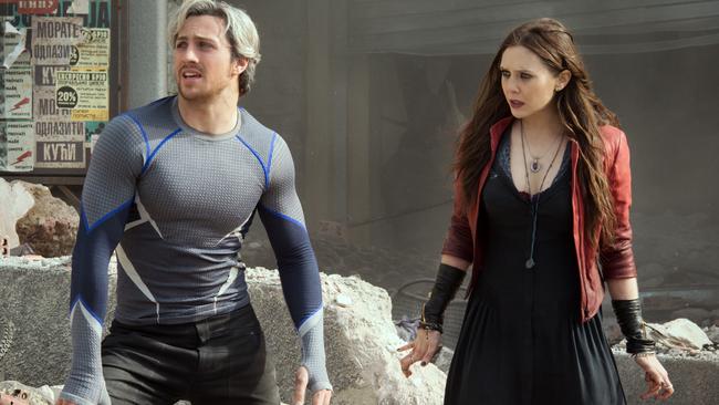 Marvel's Avengers: Age Of Ultron: Quicksilver/Pietro Maximoff (Aaron Taylor-Johnson) and Scarlet Witch/Wanda Maximoff (Elizabeth Olsen).