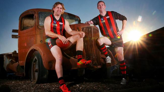 HOLD FOR SUNDAY HERALD SUN- Country football Stars, Brother's (L) Hayden and (R) Adrian Burgiel star for Maffra, Maffra . 14th September 2015. Picture: Colleen Petch.