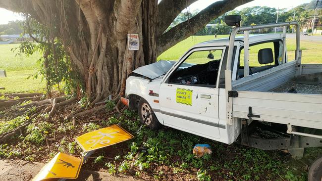 A utility crashed into a street sign and a tree near the corner of Toogood Rd and Jasper St in Bayview Heights in January. PICTURE: CHRIS CALCINO