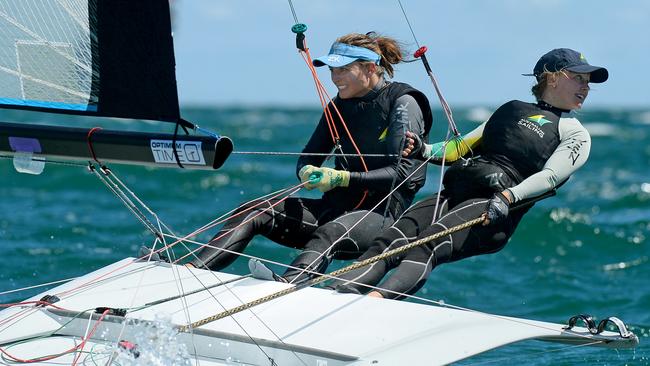 Tess Lloyd, left, and Caitlin Elks on the new Olympic women’s boat for Rio.