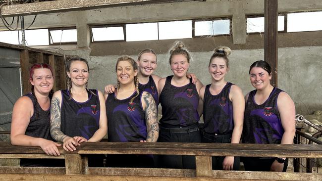 Woolhandler Maddie McKenzie; shearers Marnie Ross, Kristen Fitzpatrick, Abbey Curnow, Holly Crombie, and Alice McKay and woolhandler Siale Pitson — the all female team shearing at Coliban Park, Sutton Grange. Pictures: Holly Byrne/AWI