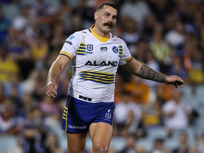 SYDNEY, AUSTRALIA - SEPTEMBER 06: Reagan Campbell-Gillard of the Eels kicks the final conversion of the match during the round 27 NRL match between Wests Tigers and Parramatta Eels at Campbelltown Stadium, on September 06, 2024, in Sydney, Australia. (Photo by Jeremy Ng/Getty Images)