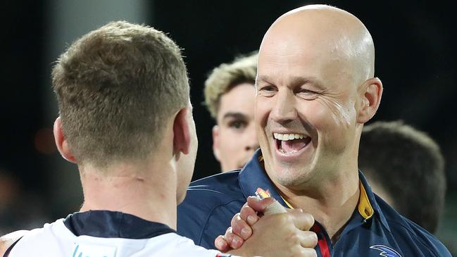 Matthew Nicks couldn’t hide his excitement after scoring his first win as coach of Adelaide. Picture: Sarah Reed