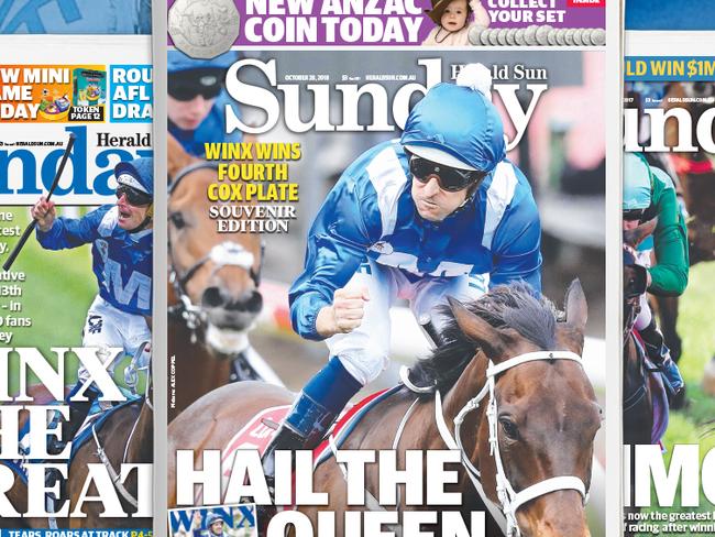 Download iconic Cox Plate Sunday Herald Sun front pages celebrating mighty Winx's winning streak.