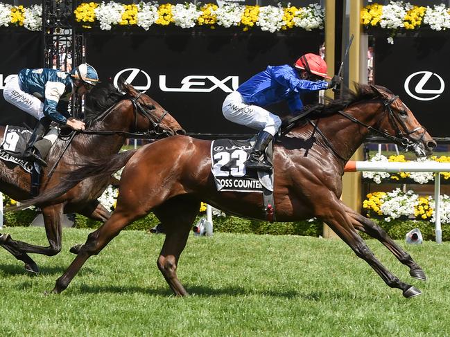 Cross Counter (GB) ridden by Kerrin McEvoy wins the Lexus Melbourne Cup at Flemington Racecourse on November 06, 2018 in Flemington, Australia. (Brett Holburt/Racing Photos via Getty Images)