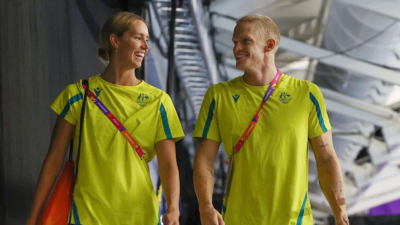 Australian swimmer Emma McKeon and Cosy Simpson after the last night of swimming. Picture: Michael Klein
