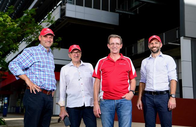 Sentinel Property Group general manager of property Tim Kent, chief marketing officer Michael Sherlock, general manager Warren Ebert and investor relations officer David Carpenter in front of Jacana House which they purchased in 2017. Picture: Justin Kennedy