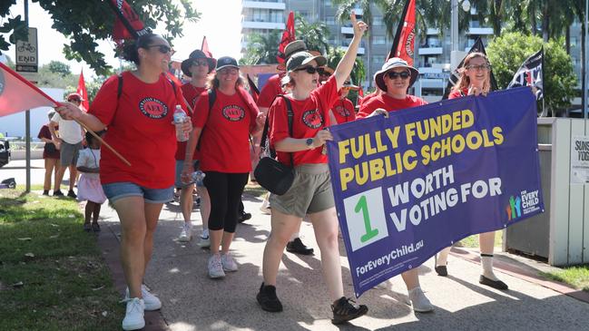 Australian Education Union members marched through Darwin for the annual May Day march, celebrating union victories including the eight-hour work week, on Monday, May 5. Picture: Zizi Averill