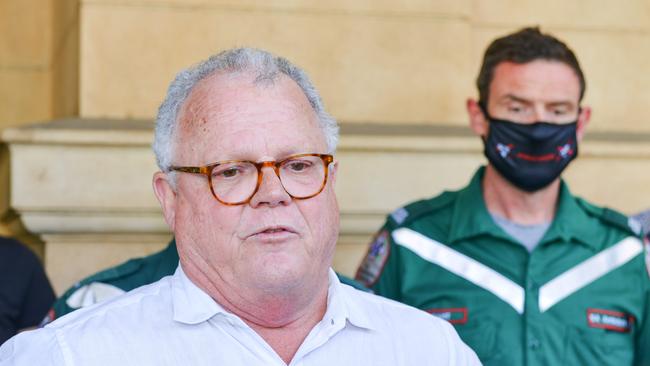 Phil Palmer of the ambulance officers association and supporters outside the District Court after Matthew McLean was found not guilty. Picture: NCA NewsWire / Brenton Edwards