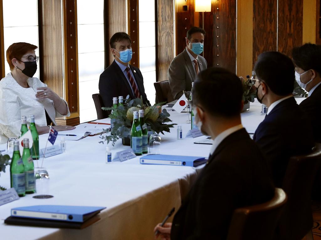 Australian Foreign Affairs Minister Marise Payne and Japanese Minister Hayashi Yoshimasa at the meeting. Picture: Con Chronis/Getty Images