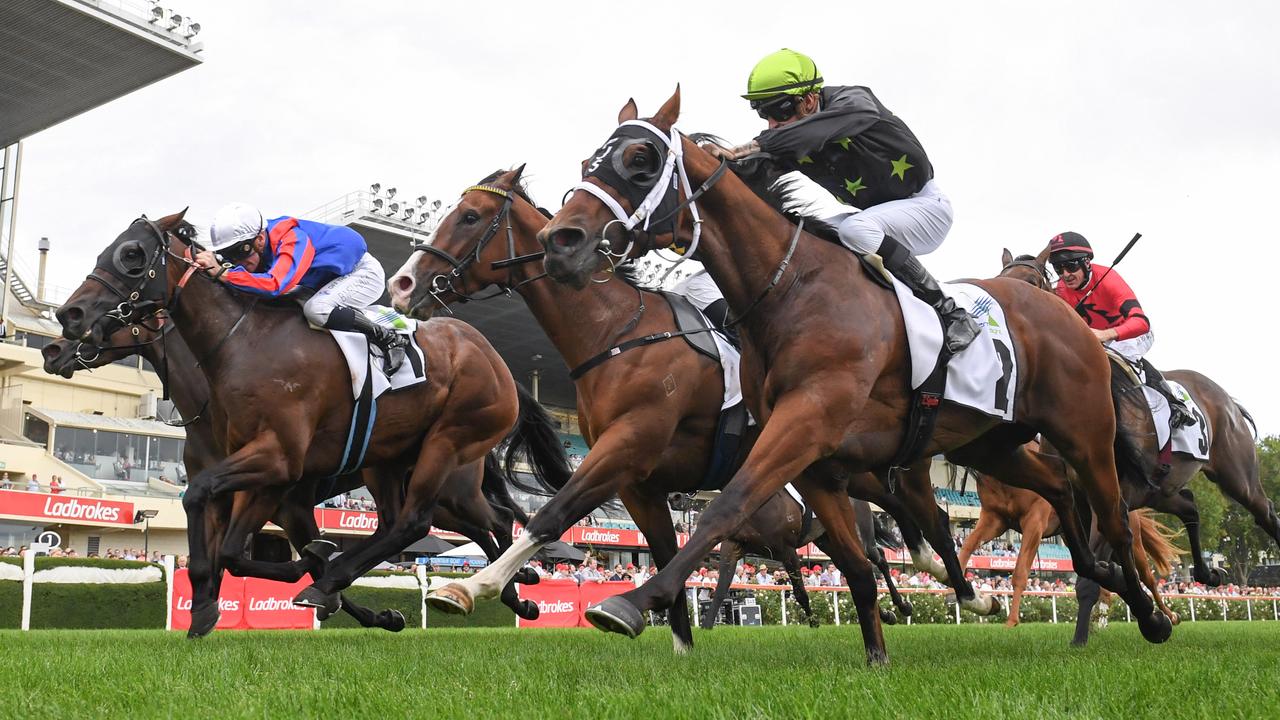 Bel Air (white cap) and Russian Dancer (black silks) will again do battle in Saturday's $500,000 VOBIS Gold Sires at Sandown. Picture :  Racing Photos via Getty Images.