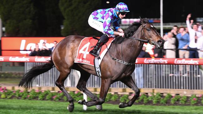 Pride Of Jenni, ridden by Declan Bates, wins the Group 2 Feehan Stakes at Moonee Valley last month. Picture: Brett Holburt / Racing Photos