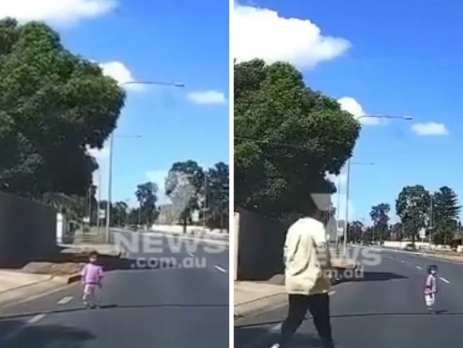 A toddler wandered onto a busy highway. Picture: 7NEWS.