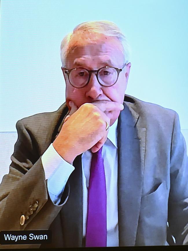 Wayne Swan appears before the Senate committee via video. Picture: Martin Ollman/NewsWire