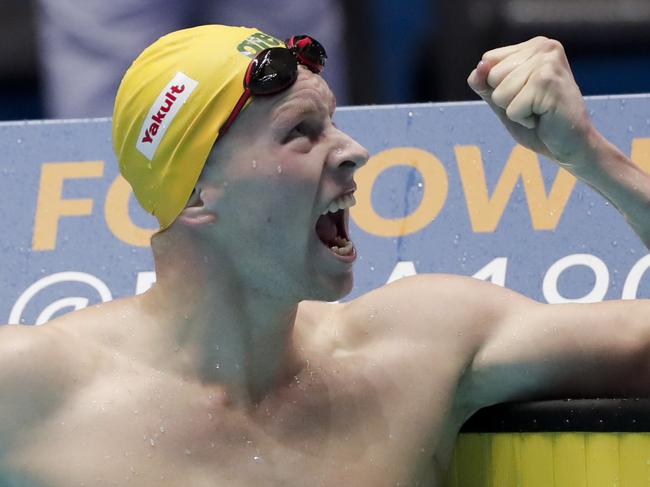 Australia's Clyde Lewis reacts after his men's 200m freestyle semifinal at the World Swimming Championships in Gwangju, South Korea, Monday, July 22, 2019. (AP Photo/Mark Schiefelbein)