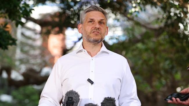 Greens MP Michael Berkman talks at a press conference at Milton Common on Sunday. Picture: Lachie Millard