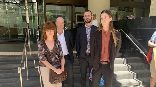 Disrupt Burrup activists Matilda Lane-Rose, Jesse Noakes, Gerard Mazza and Emil Davey attend Perth Magistrates Court on February 4 after an attempted protest outside Woodside chief executive Meg O'Neill's home in 2023. Picture: Paul Garvey