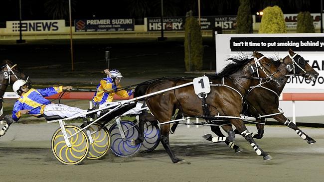 Hokonui Ben, driven by Clinton Hall, wins The $400,000 Nepean Conveyors WA Pacing from fast-finishing stablemate Toretto. Pic...