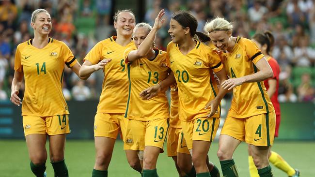 Sam Kerr and the Matildas celebrates after a goal at AAMI Park