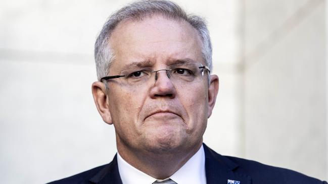 Prime Minister Scott Morrison discussed social distancing and visitors to health facilities at a press conference at Parliament House in Canberra today. Picture Gary Ramage