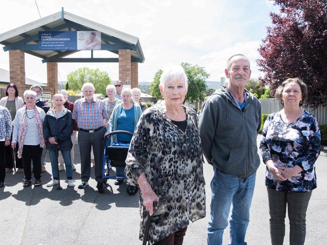 (L to R) Liz Stark, Michael Cullen and Leanne  Crawford  with fellow residents in front of Eureka Launceston Gardeens retirement village for a story about the "revolt" against company - Eureka. They are the nation's largest provider of rental accommodation to the aged and infirmed. Recently they had commenced increasing rents at an alarming rate of 14% which is a massive cost to the vulnerable residents that rent from them.As a result of tribunal hearings the issue has now escalated to a complaint being made against them to the ACCC.