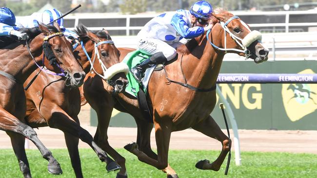 Autumn Angel (Mark Zahra) wins the Kewney Stakes at Flemington on March 9. Picture: Brett Holburt / Racing Photos