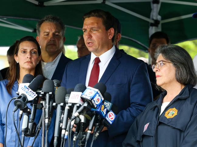 Florida Governor Ron DeSantis speaks during a press conference after a building partially collapsed in Surfside north of Miami Beach.