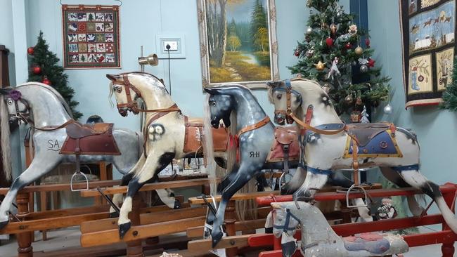 Some of the rocking horses made by Sydney manufacturer Roebucks in the early 1900s to 1972. Picture: Rocking Horse Restorations