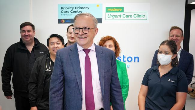 Prime Minister, Anthony Albanese gives a press conference at the Urgent Care Clinic in Frankston. Picture: NCA NewsWire / Luis Enrique Ascui