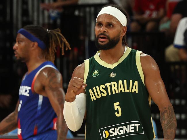 Patty Mills in action during the Paris Olympic 2024 practice match in Orleans, France. Pics Adam Head