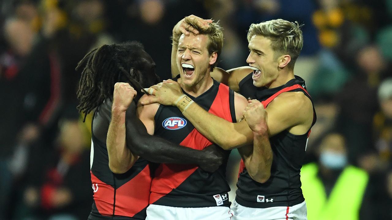 Darcy Parish celebrates after kicking the sealer.