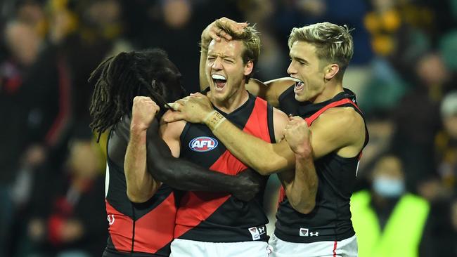 Darcy Parish celebrates after kicking the sealer.