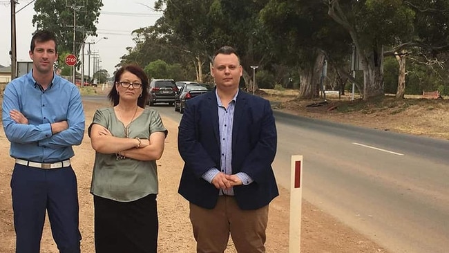 Playford councillors Clint Marsh (left), Cathy Jo-Tame and Peter Rentoulis at the Womma Rd/Stebonheath Rd intersection. Picture: Supplied