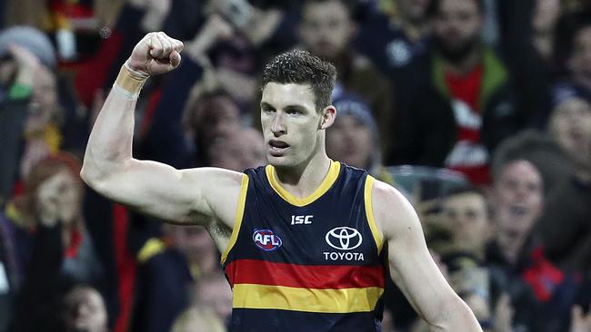 Josh Jenkins celebrates one of his four goals against Essendon. Picture SARAH REED