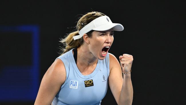 Collins with a more regulation reaction during her first-round win over Daria Snigur. (Photo by Quinn Rooney/Getty Images)