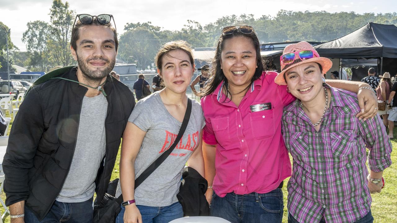 (from left) Clint Stahr, Ciara Taylor, Jo Morilla and Fran Stahr at Meatstock, Toowoomba Showgrounds. Friday, April 8, 2022. Picture: Nev Madsen.