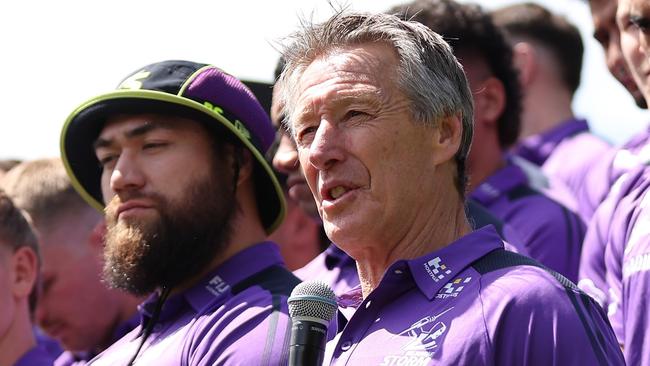 SYDNEY, AUSTRALIA - OCTOBER 03: Craig Bellamy, coach of the Storm speaks during NRL Grand Final Fan Fest at Overseas Passenger Terminal, on October 03, 2024, in Sydney, Australia. (Photo by Brendon Thorne/Getty Images)