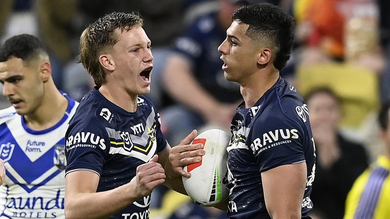 TOWNSVILLE, AUSTRALIA - JULY 21: Heilum Luki of the Cowboys celebrates after scoring a try during the round 20 NRL match between North Queensland Cowboys and Canterbury Bulldogs at Qld Country Bank Stadium, on July 21, 2024, in Townsville, Australia. (Photo by Ian Hitchcock/Getty Images)