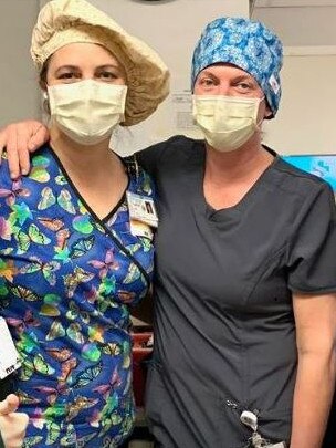 Hospital staff model the masks and caps made by Ms Kuest. Picture: Supplied