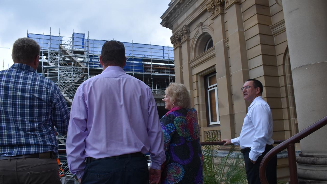 ADMIRING PROGRESS: One year after work started at the site, Woollam Constructions Project Manager Clinton Bloomfield (left), Rockhampton MP Barry O'Rourke, Capricornia MP Michelle Landry, and RRC Chair of Communities Drew Wickerson, have gathered to inspect construction progress on the Rockhampton Museum of Art.