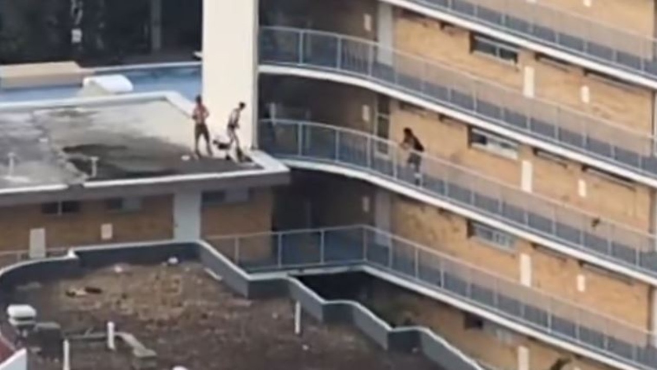 Police are investigating after video emerged on Tuesday, April 29, 2025, appearing to depict a trio of young men leaping between The Sands Apartments and St Tropez Apartments at Surfers Paradise. Picture: Supplied