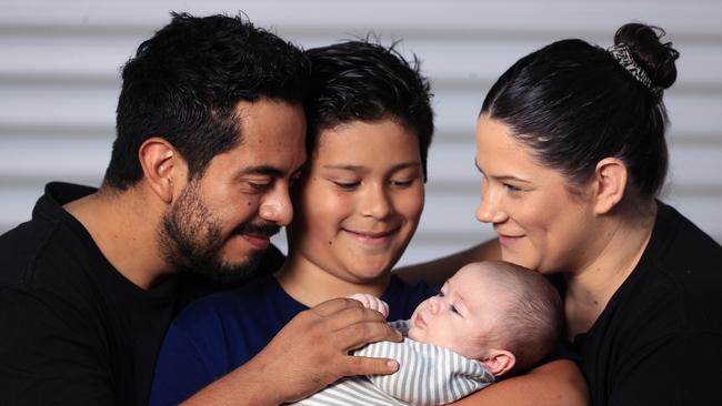 Baby Caleb Tochez with his mum and dad Nicole and Will and older brother Grayson. Picture: Adam Head